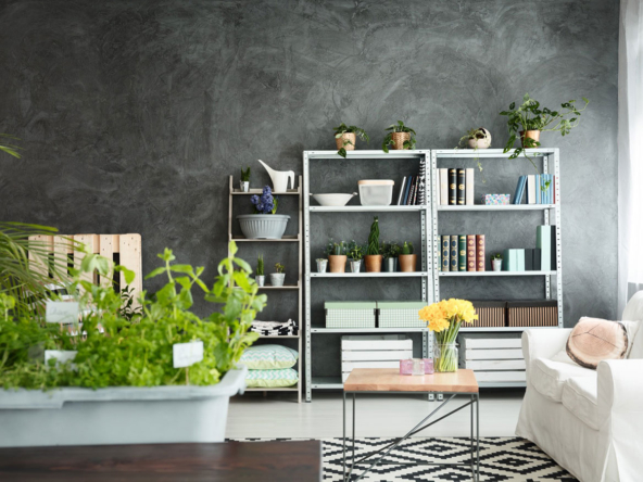 White Living Room with Bookshelf - Mainline KW